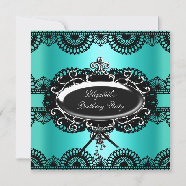 Elegant Teal Blue Black Silver Lace Birthday Invitation (Front)
