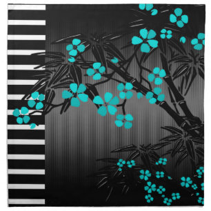 Elegant Teal Blue Blossom Black Asian Bamboo Napkin
