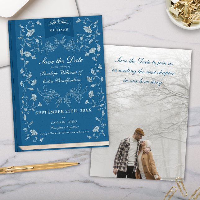 Elegant Teal Blue Book Cover Wedding Save the Date Invitation (Teal Blue Turquoise Hollywood Regency Era Victorian Floral Library Book Cover Wedding Save the Date)