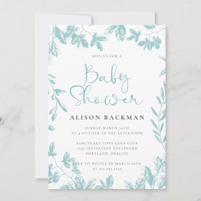 Elegant Teal Blue Botanical Floral Baby Shower Invitation (Front)