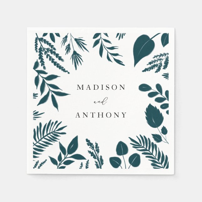 Elegant Teal Blue Botanical Wedding Napkins (Front)