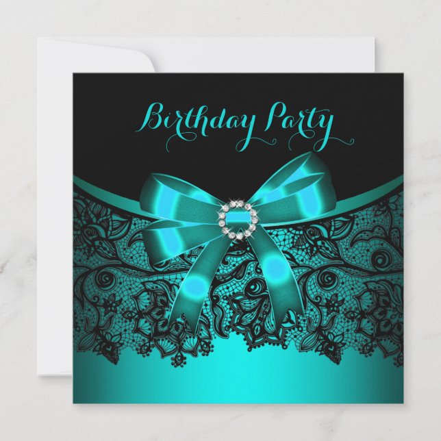 Elegant Teal Blue Bow Black Lace Party 3 Invitation (Front)