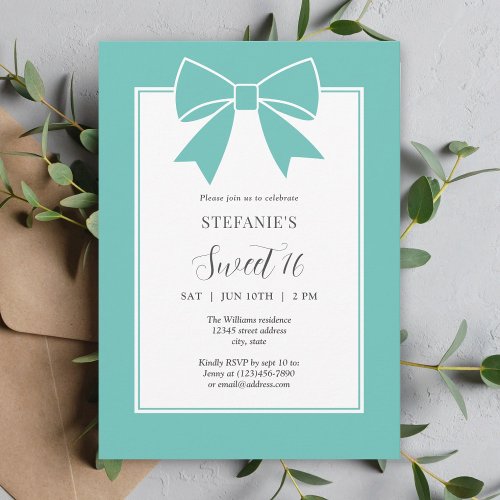 Elegant Teal Blue Bow Sweet 16 Girl Birthday Party Invitation