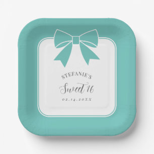 Elegant Teal Blue Bow Sweet 16 Girl Birthday Party Paper Plates