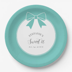 Elegant Teal Blue Bow Sweet 16 Girl Birthday Party Paper Plates