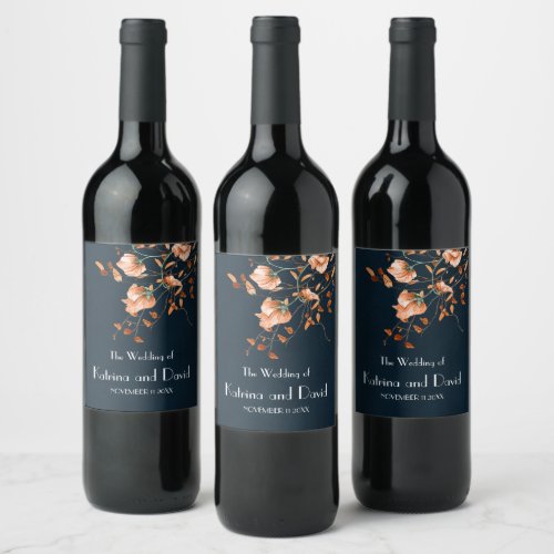 Elegant Teal Blue Burnt Orange Floral Wine Label