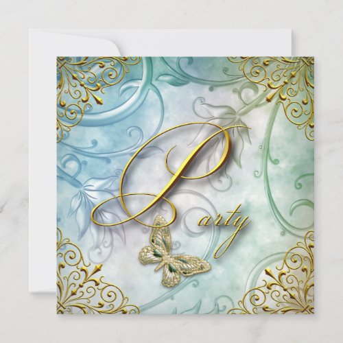 Elegant Teal Blue Butterfly Floral Gold Party Invitation