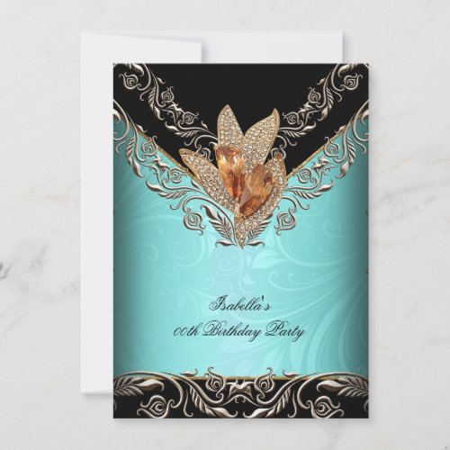 Elegant Teal Blue Caramel Gold Birthday Party Invitation