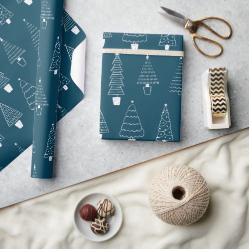 Elegant Teal Blue Christmas Pine Tree pattern Wrapping Paper