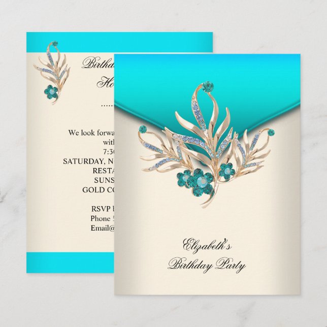 Elegant Teal Blue Cream White Jewel Birthday Party Invitation (Front/Back)