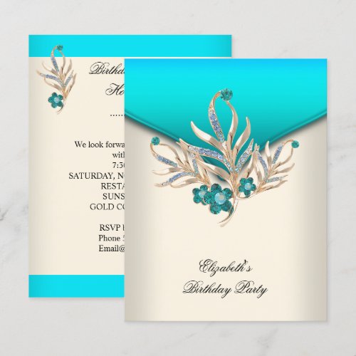 Elegant Teal Blue Cream White Jewel Birthday Party Invitations