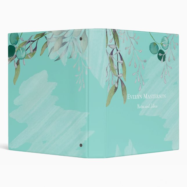 Elegant Teal Blue Creative Eucalyptus 3 Ring Binder (Background)