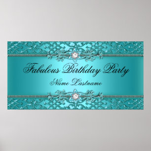 Elegant Teal Blue Damask Embossed Birthday Banner Poster
