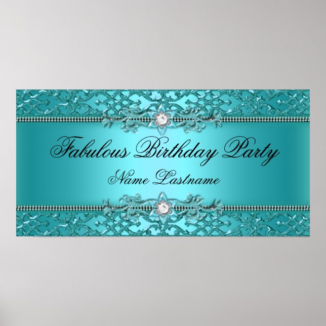 Elegant Teal Blue Damask Embossed Birthday Banner Poster (Front)