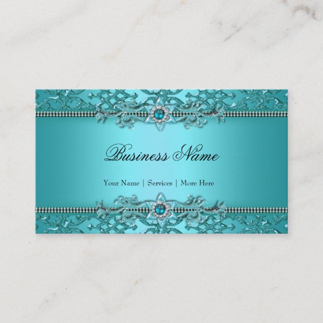 Elegant Teal Blue Damask Embossed Look 2 Business Card (Front)