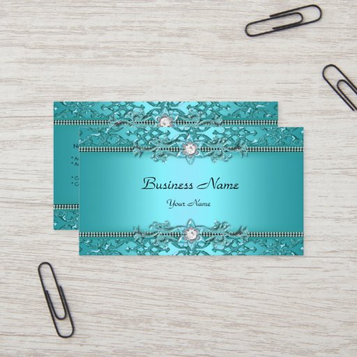 Customizable Elegant Teal Blue Damask Embossed Look Business Card Template
