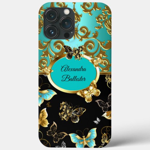 Elegant Teal Blue Damask Floral Butterfly Gold iPhone 13 Pro Max Case