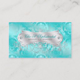 Elegant Teal Blue Damask Swirl Business Card