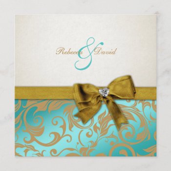 Elegant Teal Blue Damask With Diamond Bow Invitation by weddingsNthings at Zazzle
