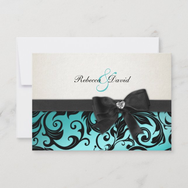 Elegant Teal Blue Damask with diamond RSVP Card (Front)