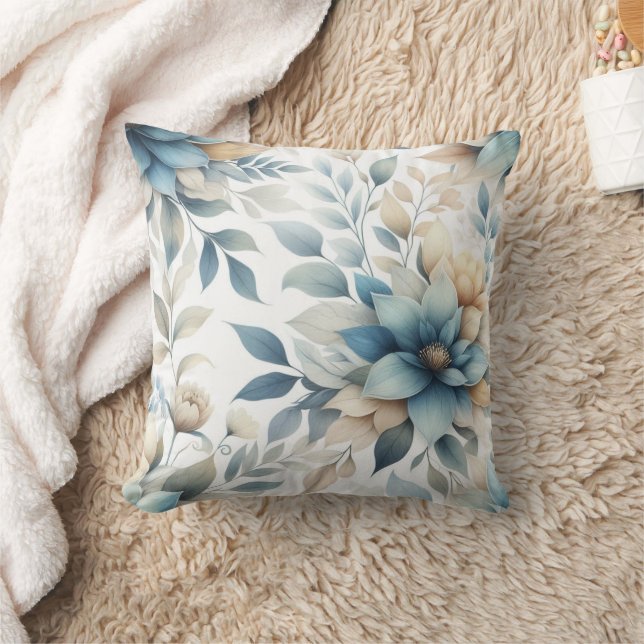 Elegant Teal Blue Floral on White  Throw Pillow (Blanket)