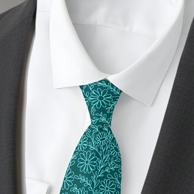 Elegant Teal Blue Floral Pattern Neck Tie (Creator Uploaded)