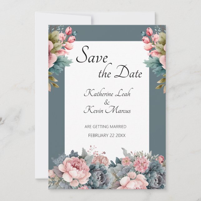 Elegant Teal Blue Floral Wedding Save the Date Invitation (Front)