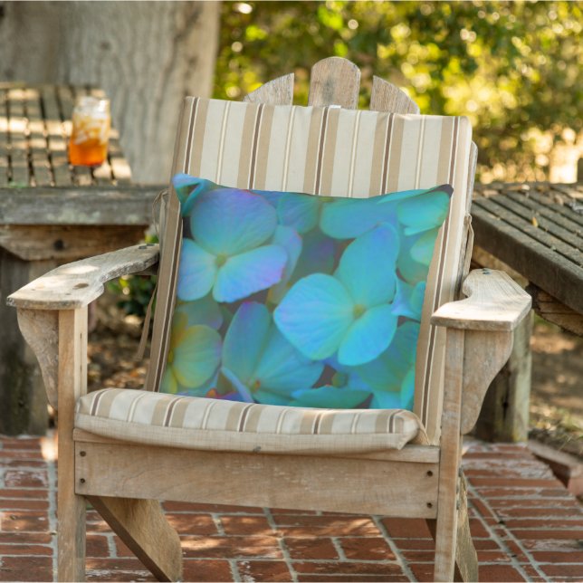 Elegant teal blue florals hydrangeas outdoor pillow (Chair)