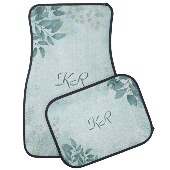 Elegant Teal Blue Foliage Leaves Personalized Car Floor Mat (Set)