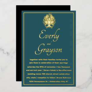 Elegant Teal Blue Forest Grove Gold Wedding        Foil Invitation