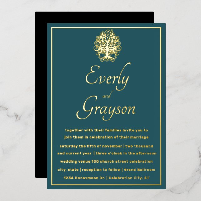 Elegant Teal Blue Forest Grove Gold Wedding        Foil Invitation (Front/Back)