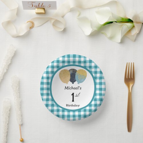 Elegant Teal Blue Gingham & Balloons 1st Birthday Paper Bowls