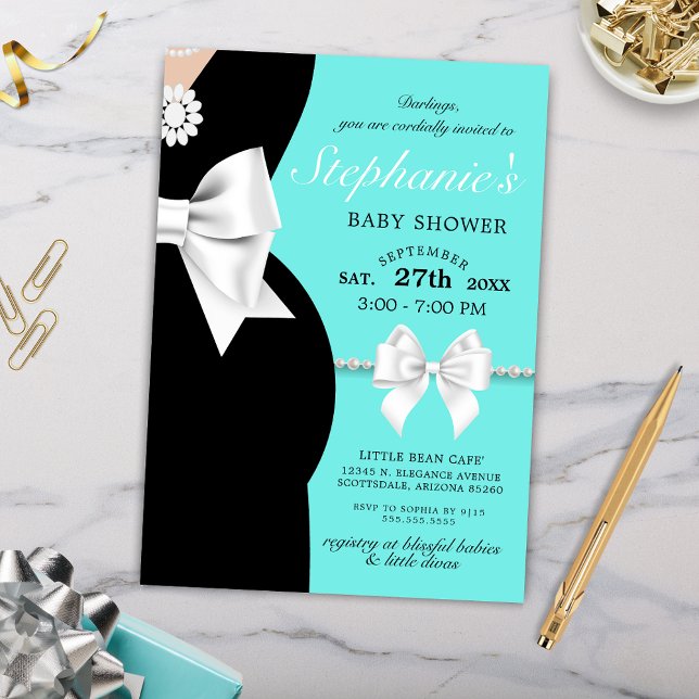 Elegant Teal Blue Glam Tiffany Theme Baby Shower Invitation (Elegant Little Black Dress Bows and Pearls Baby Shower Invitation with Tiffany Theme)