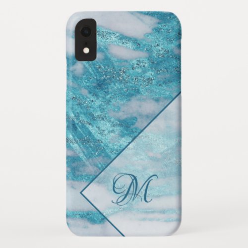 Elegant Teal Blue Glitter Bling Geometric Monogram iPhone XR Case