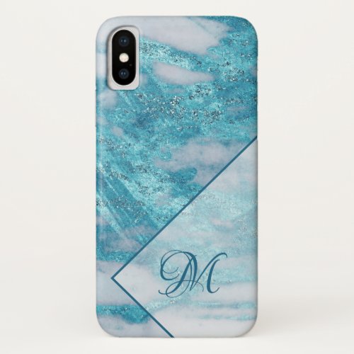 Elegant Teal Blue Glitter Geometric Monogram Girly iPhone X Case