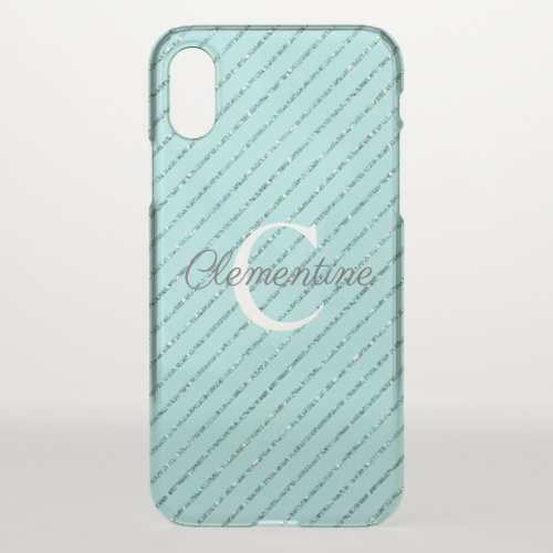 Elegant Teal Blue Glitter Stripes Monogram iPhone XS Case