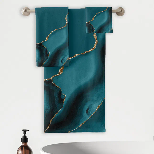 Elegant Teal Blue Gold Agate Geode Bath Towel Set | Zazzle