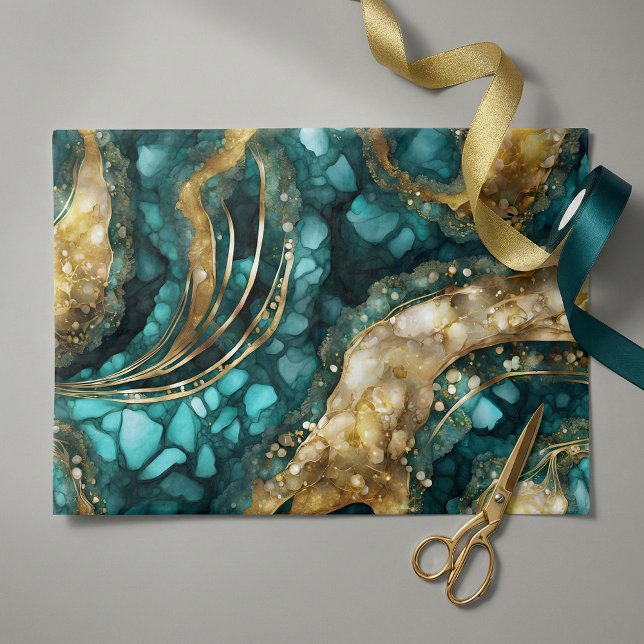 Elegant Teal Blue Gold Agate Geode Marble Abstract Tissue Paper (Creator Uploaded)