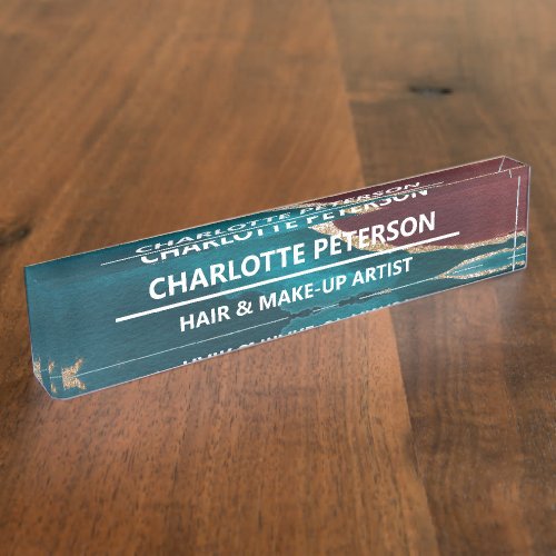 Elegant Teal Blue  Gold  Agate Marble Watercolor  Desk Name Plate