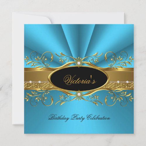 Elegant Teal Blue Gold Black Birthday Party Invitation