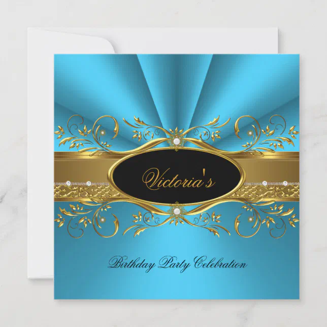 Elegant Teal Blue Gold Black Birthday Party Invitation | Zazzle