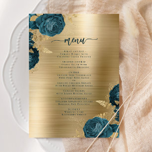 Elegant Teal Blue Gold Brushed Metal Wedding Menu