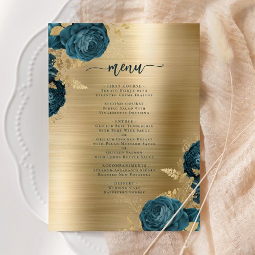 Elegant Teal Blue Gold Brushed Metal Wedding Menu