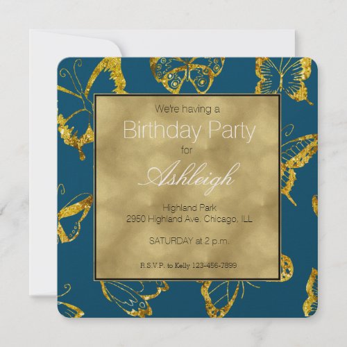 Elegant Teal Blue Gold Butterflies Birthday Invitation