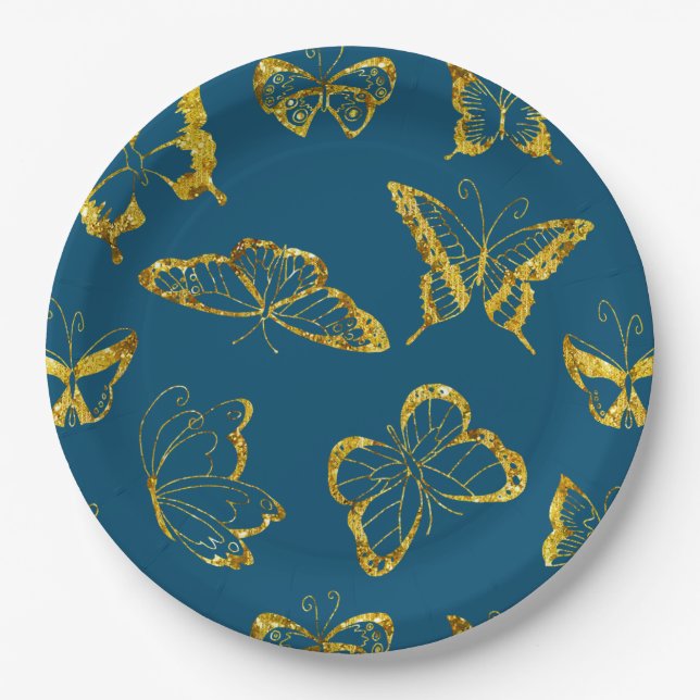 Elegant Teal Blue Gold Butterflies Birthday Paper Plates (Front)