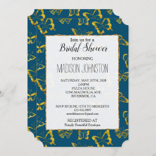 Elegant Teal Blue Gold Butterflies Bridal Shower Invitation
