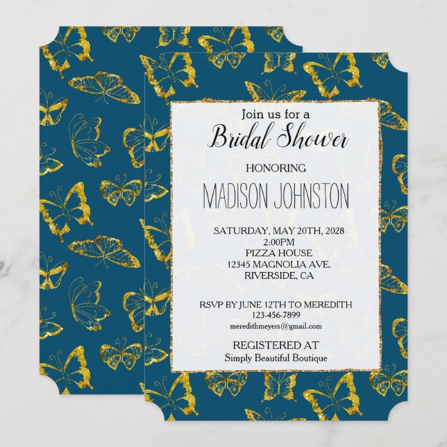 Elegant Teal Blue Gold Butterflies Bridal Shower Invitation (Front/Back)