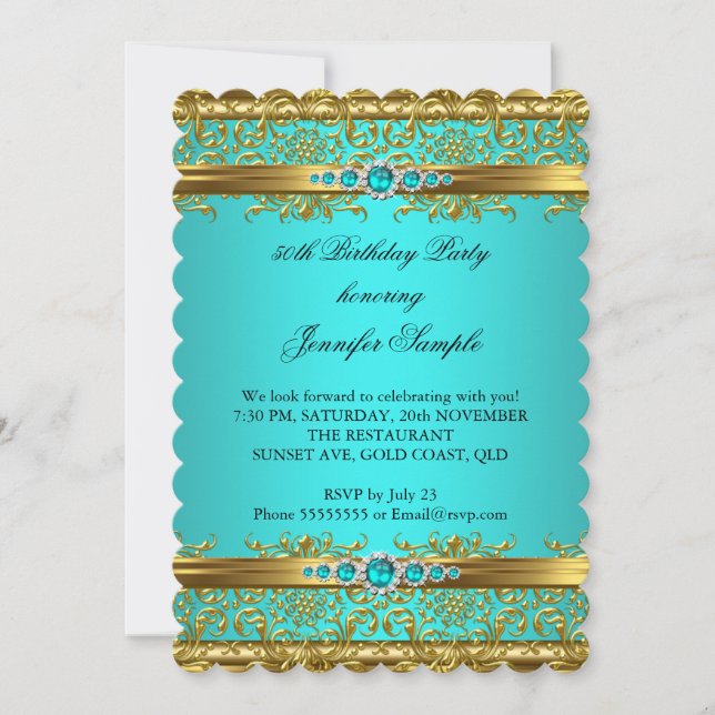 Elegant Teal Blue Gold Damask Diamond Birthday 2 Invitation (Front)