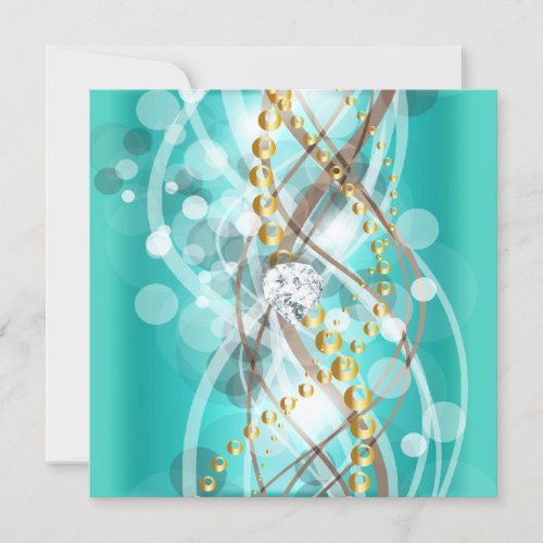 Elegant Teal Blue Gold Diamond Birthday Party Custom Announcement