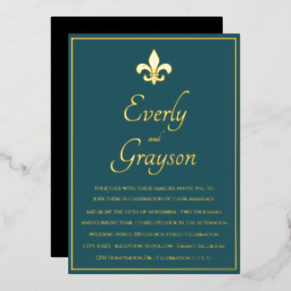 Elegant Teal Blue Gold Fleur De Lis Wedding Foil Invitation